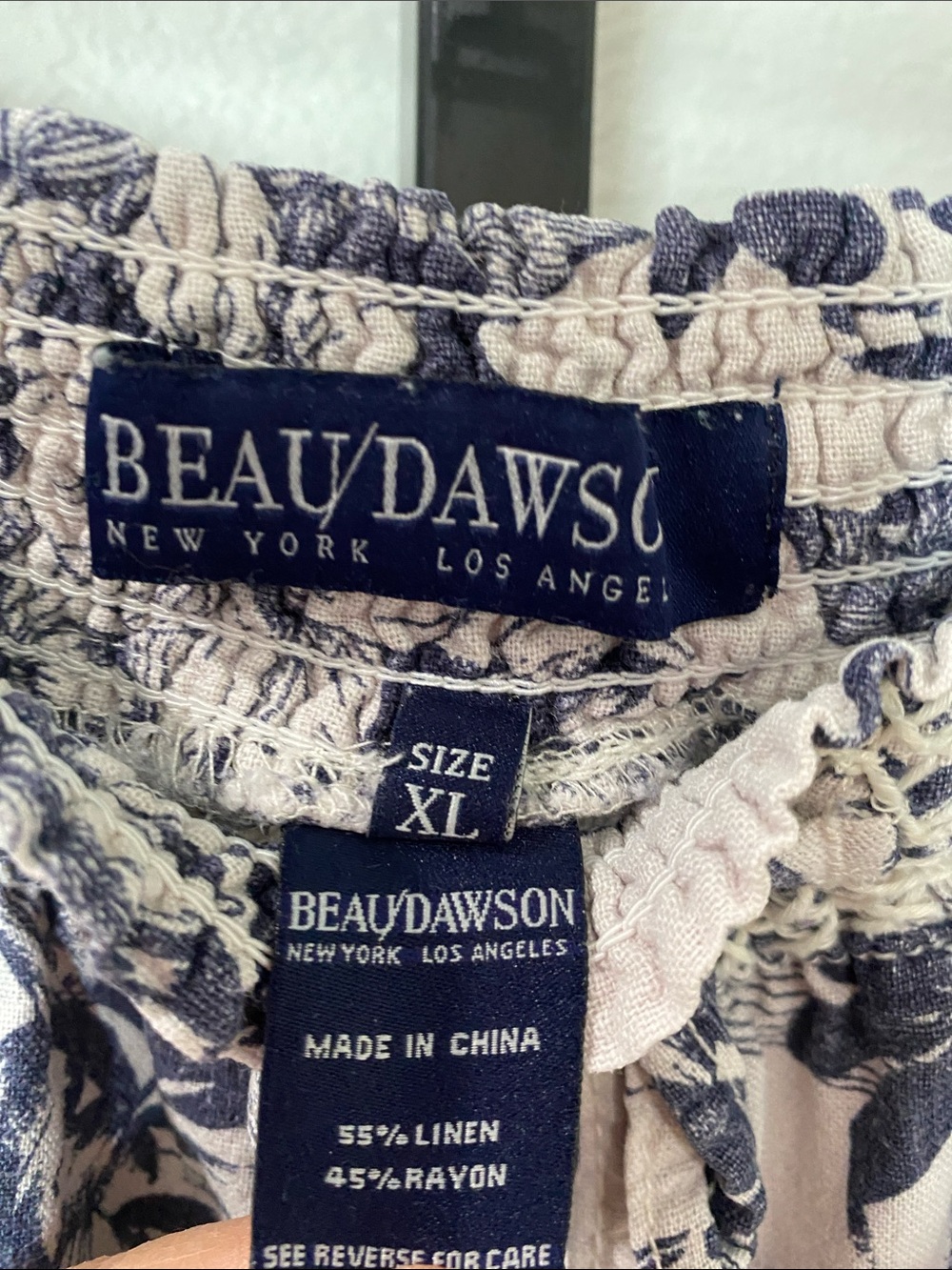 Linen and Rayon Navy Floral Beachy Smocked Waist Wide-Leg  pants - Picture 4 of 11